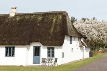 White thatched-roof house with a blue door and seating area in spring